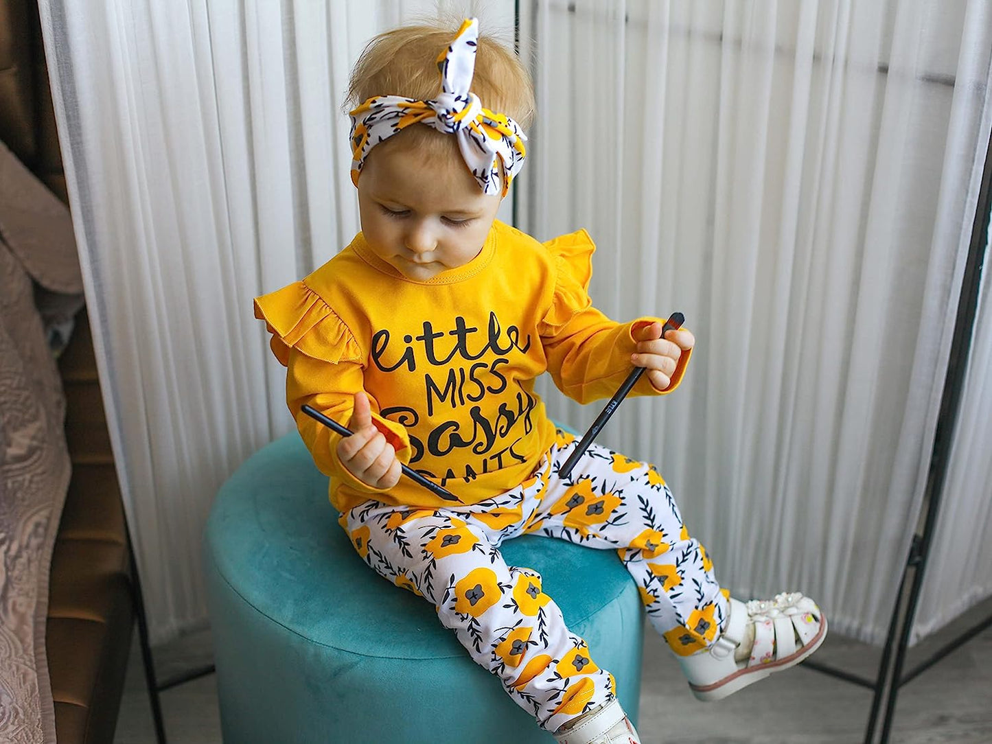 3Pcs Baby Girl Clothes Long Sleeve Letter Tops Casual Pants and Headband Outfit Set
