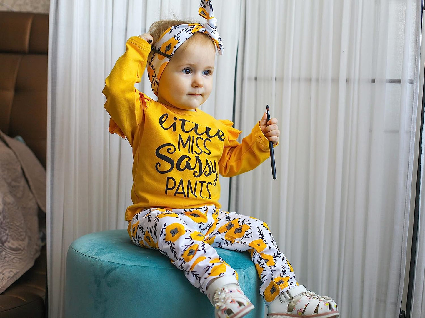 3Pcs Baby Girl Clothes Long Sleeve Letter Tops Casual Pants and Headband Outfit Set