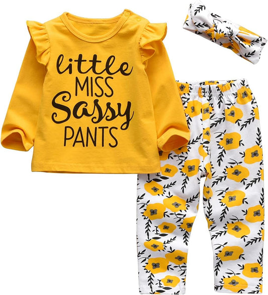 3Pcs Baby Girl Clothes Long Sleeve Letter Tops Casual Pants and Headband Outfit Set